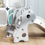 3-in-1 Toddler Slide for Age 1-3, Freestanding Kids Slide with Climber, Basketball Hoop and Ball, Giraffe Design, Gray - Image 8