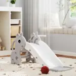 3-in-1 Toddler Slide for Age 1-3, Freestanding Kids Slide with Climber, Basketball Hoop and Ball, Giraffe Design, Gray - Image 10