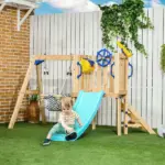 Outsunny 3-in-1 Wooden Swing Set with Slide, Swing Seat, Fort, Wheel, Telescope and Mailbox, for 1.5-4 Years Old, Children's Outdoor Toys - Image 2