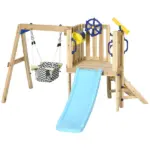 Outsunny 3-in-1 Wooden Swing Set with Slide, Swing Seat, Fort, Wheel, Telescope and Mailbox, for 1.5-4 Years Old, Children's Outdoor Toys