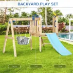 Outsunny 3-in-1 Wooden Swing Set with Slide, Swing Seat, Fort, Wheel, Telescope and Mailbox, for 1.5-4 Years Old, Children's Outdoor Toys - Image 4