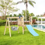 Outsunny 3-in-1 Wooden Swing Set with Slide, Swing Seat, Fort, Wheel, Telescope and Mailbox, for 1.5-4 Years Old, Children's Outdoor Toys - Image 10