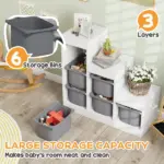 Qaba 3 Layers Kids Toy Storage Organizer with 6 Storage Bins, Kids Bookshelf for Ages 3-8 Years, Play Room, Bedroom, Gray - Image 4