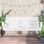 3-Person Wooden Porch Swing with Folding Coffee Table, Cup Holders, Chains, White - Image 2