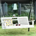 3-Person Wooden Porch Swing with Folding Coffee Table, Cup Holders, Chains, White - Image 12