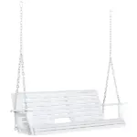 3-Person Wooden Porch Swing with Folding Coffee Table, Cup Holders, Chains, White