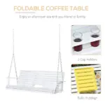 3-Person Wooden Porch Swing with Folding Coffee Table, Cup Holders, Chains, White - Image 5