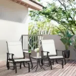 3-Piece Gliding Chair and Tea Table Set, Outdoor 2 Rocker Seats with Steel Frame, Tempered Glass Tabletop, Garden Patio Furniture, Cream White - Image 2