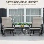 Outsunny 3-Piece Gliding Chair and Tea Table Set, Outdoor 2 Rocker Seats with Steel Frame, Tempered Glass Tabletop, Garden Patio Furniture, Grey - Image 4