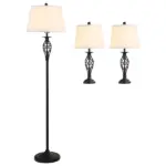 3 Piece Lamp Set with Floor and Table Lamps Metal Pole Round Base Fabric Shade for Living Room Bedroom Black White - Image 11
