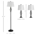 3 Piece Lamp Set with Floor and Table Lamps Metal Pole Round Base Fabric Shade for Living Room Bedroom Black White - Image 3