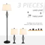 3 Piece Lamp Set with Floor and Table Lamps Metal Pole Round Base Fabric Shade for Living Room Bedroom Black White - Image 4