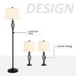 3 Piece Lamp Set with Floor and Table Lamps Metal Pole Round Base Fabric Shade for Living Room Bedroom Black White - Image 5