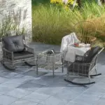 3 Piece Outdoor PE Rattan Rocker Chair Set, Rocking Chair with Tempered Glass Table Top, Gray - Image 2