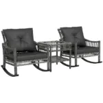 3 Piece Outdoor PE Rattan Rocker Chair Set, Rocking Chair with Tempered Glass Table Top, Gray - Image 11