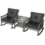 3 Piece Outdoor PE Rattan Rocker Chair Set, Rocking Chair with Tempered Glass Table Top, Gray