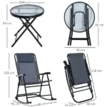 3 Piece Outdoor Rocking Bistro Set, Patio Folding Chair Table Set with Glass Coffee Table for Yard, Patio, Deck, Backyard, Grey - Image 3