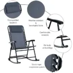 3 Piece Outdoor Rocking Bistro Set, Patio Folding Chair Table Set with Glass Coffee Table for Yard, Patio, Deck, Backyard, Grey - Image 7