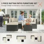 Outsunny 3 Piece Patio Furniture Set, Wicker Outdoor Patio Conversation Furniture Set with Cushions, Glass Top Table, Beige - Image 3