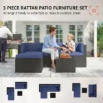 3 Piece Patio Furniture Set, Wicker Outdoor Patio Conversation Furniture Set with Cushions, Glass Top Table, Navy Blue - Image 3