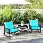 Outsunny 3 Piece PE Rattan Rocking Chair Set with Glass Top Table Black and Turquoise - Image 2