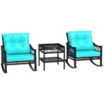 Outsunny 3 Piece PE Rattan Rocking Chair Set with Glass Top Table Black and Turquoise - Image 12