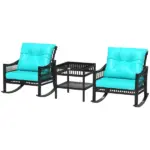 Outsunny 3 Piece PE Rattan Rocking Chair Set with Glass Top Table Black and Turquoise