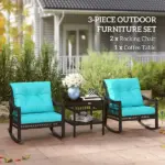 Outsunny 3 Piece PE Rattan Rocking Chair Set with Glass Top Table Black and Turquoise - Image 4