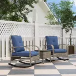 3 Pieces Wicker Patio Furniture Set, Outdoor PE Rattan Rocking Chairs with Coffee Table, Cushions for Porch, Garden Gray - Image 2