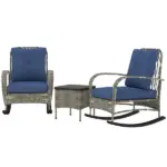 3 Pieces Wicker Patio Furniture Set, Outdoor PE Rattan Rocking Chairs with Coffee Table, Cushions for Porch, Garden Gray