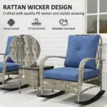 3 Pieces Wicker Patio Furniture Set, Outdoor PE Rattan Rocking Chairs with Coffee Table, Cushions for Porch, Garden Gray - Image 5