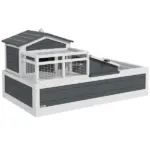 3-Room Tortoise Habitat, Indoors and Outdoors Wooden Turtle Enclosure w/ Balcony and 2 Stories, 44" x 25.5" x 23", Gray