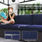 3-Seat Outdoor Patio Sofa with Cushions, PE Rattan Wicker Sofa with Wide Armrests, Outdoor Wicker Couch, Navy Blue - Image 4