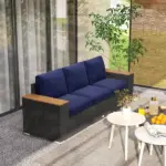 3-Seat Outdoor Patio Sofa with Cushions, PE Rattan Wicker Sofa with Wide Armrests, Outdoor Wicker Couch, Navy Blue - Image 8