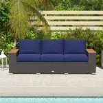 3-Seat Outdoor Patio Sofa with Cushions, PE Rattan Wicker Sofa with Wide Armrests, Outdoor Wicker Couch, Navy Blue - Image 9