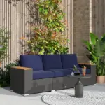 3-Seat Outdoor Patio Sofa with Cushions, PE Rattan Wicker Sofa with Wide Armrests, Outdoor Wicker Couch, Navy Blue - Image 10