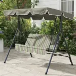 Outsunny 3-Seat Outdoor Patio Swing with Cushion Adjustable Canopy Black Gray and Green Stripe - Image 2
