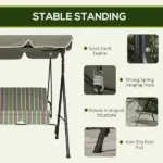 Outsunny 3-Seat Outdoor Patio Swing with Cushion Adjustable Canopy Black Gray and Green Stripe - Image 5