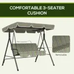 Outsunny 3-Seat Outdoor Patio Swing with Cushion Adjustable Canopy Black Gray and Green Stripe - Image 7