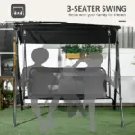 3 Seat Outdoor Patio Swing with Cushion and Adjustable Canopy, Black - Image 6