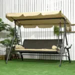 Outsunny 3-Seat Outdoor Porch Swing, with Adjustable Canopy, Removable Cushion, Pillows, Adjustable Shade, and Rattan Seat, Khaki - Image 2