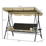Outsunny 3-Seat Outdoor Porch Swing, with Adjustable Canopy, Removable Cushion, Pillows, Adjustable Shade, and Rattan Seat, Khaki - Image 3