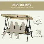Outsunny 3-Seat Outdoor Porch Swing, with Adjustable Canopy, Removable Cushion, Pillows, Adjustable Shade, and Rattan Seat, Khaki - Image 4