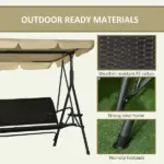 Outsunny 3-Seat Outdoor Porch Swing, with Adjustable Canopy, Removable Cushion, Pillows, Adjustable Shade, and Rattan Seat, Khaki - Image 6