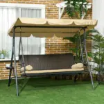 Outsunny 3-Seat Outdoor Porch Swing, with Adjustable Canopy, Removable Cushion, Pillows, Adjustable Shade, and Rattan Seat, Khaki - Image 10