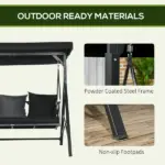 3-Seat Patio Swing Chair Outdoor Canopy Glider with Cushion 3 Throw Pillows Adjustable Shade for Porch Garden - Image 7