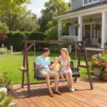Outsunny 3 Seat Wooden Porch Swing with Stand, Patio Swing with Cushion, for Garden, Poolside, Backyard, Carbonized Brown - Image 2