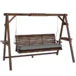 Outsunny 3 Seat Wooden Porch Swing with Stand, Patio Swing with Cushion, for Garden, Poolside, Backyard, Carbonized Brown - Image 11