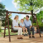 Outsunny 3 Seat Wooden Porch Swing with Stand, Patio Swing with Cushion, for Garden, Poolside, Backyard, Carbonized Brown - Image 9