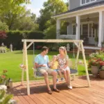 Outsunny 3 Seat Wooden Porch Swing with Stand, Patio Swing with Cushion, for Garden, Poolside, Backyard, Natural Wood - Image 2